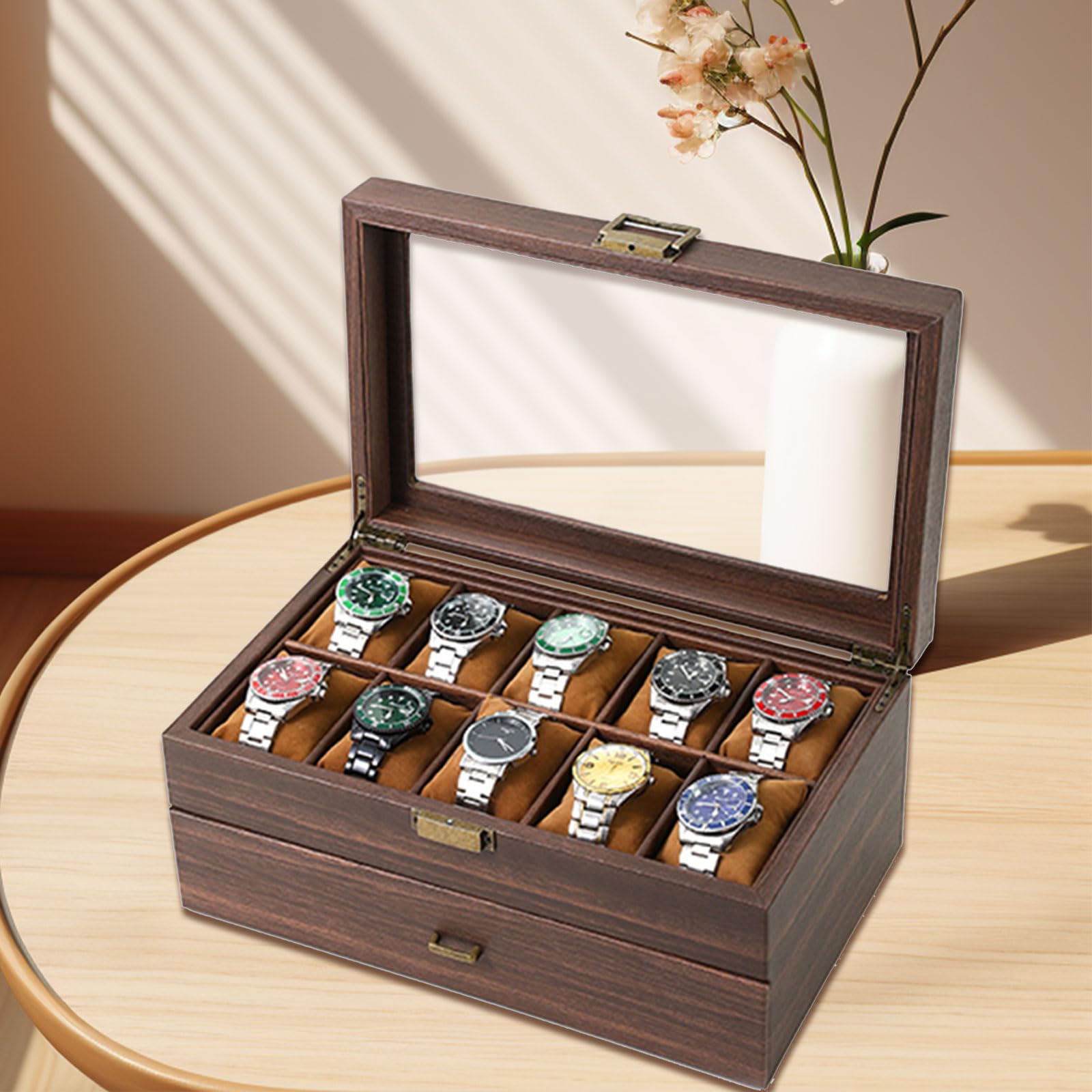 Elegante caja de reloj de grano de madera, práctico soporte múltiple para relojes con tapa de cristal y cajón de almacenamiento para hombres