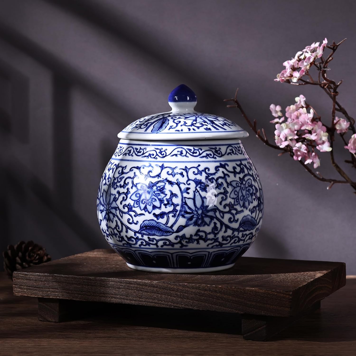 Ming And Qing Dynasty Style Blue and White Porcelain Ginger Jar - Hand-Painted Floral Chinoiserie Decorative Jar, Ceramic Flower Vase & Storage Jar for Home Decor, Tea, or Snacks (Byuan Jar)
