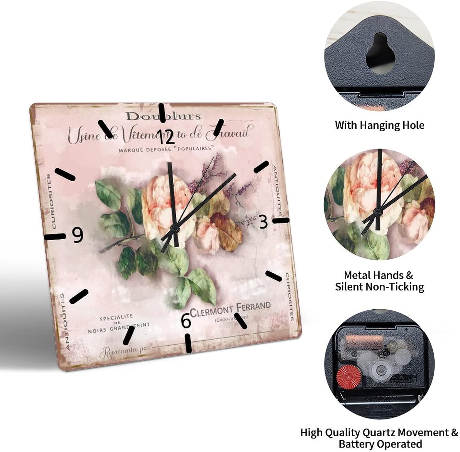 Pink Rose with Leaf Wall Clock Old Paper Textures Pink Wood Wall Clock 15in Shabby Chic Vintage Country Floral Silent Non Ticking Battery Operated Home Accessories for Home Dining Room Dorm Cafe