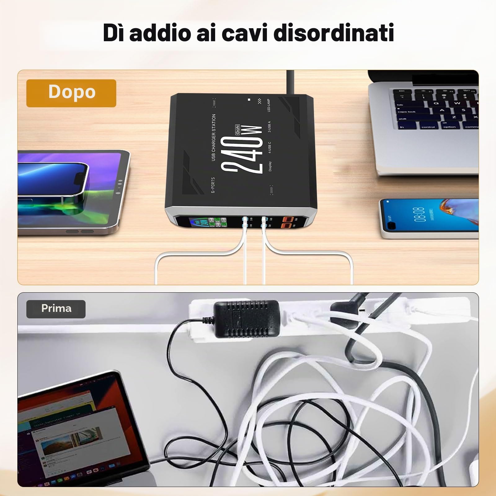 240W Caricatore USB Multiplo - 6 Porte (4 USB-C + 2 USB-A) con Ricarica Rapida, Stazione di Ricarica Compatta per Multi Dispositivi, Compatibile con MacBook, iPad, iPhone, Galaxy S22/S20, DELL, HP
