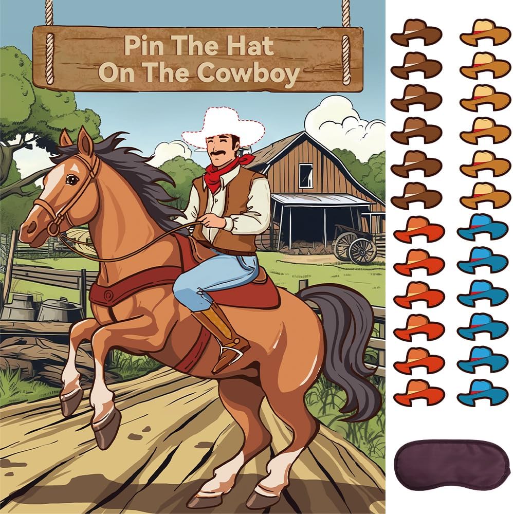 Pin The Hat on The Cowboy Party Games - Western Birthday Party Decorations Horse Theme Poster with 24 Stickers & 2 Eye Masks Wall Game Photo Background for 24 Players