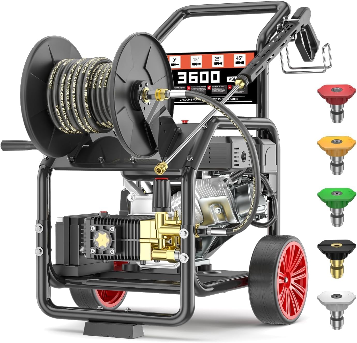 3600 PSI Gas Pressure Washer, One-Button Electric Start 7HP 212cc Engine, 3.3GPM, Includes Pressure Washer Hose Reel, 50 FT 3/8'' Hose, 5 Quick Connect Nozzles, Spray Gun and Wand