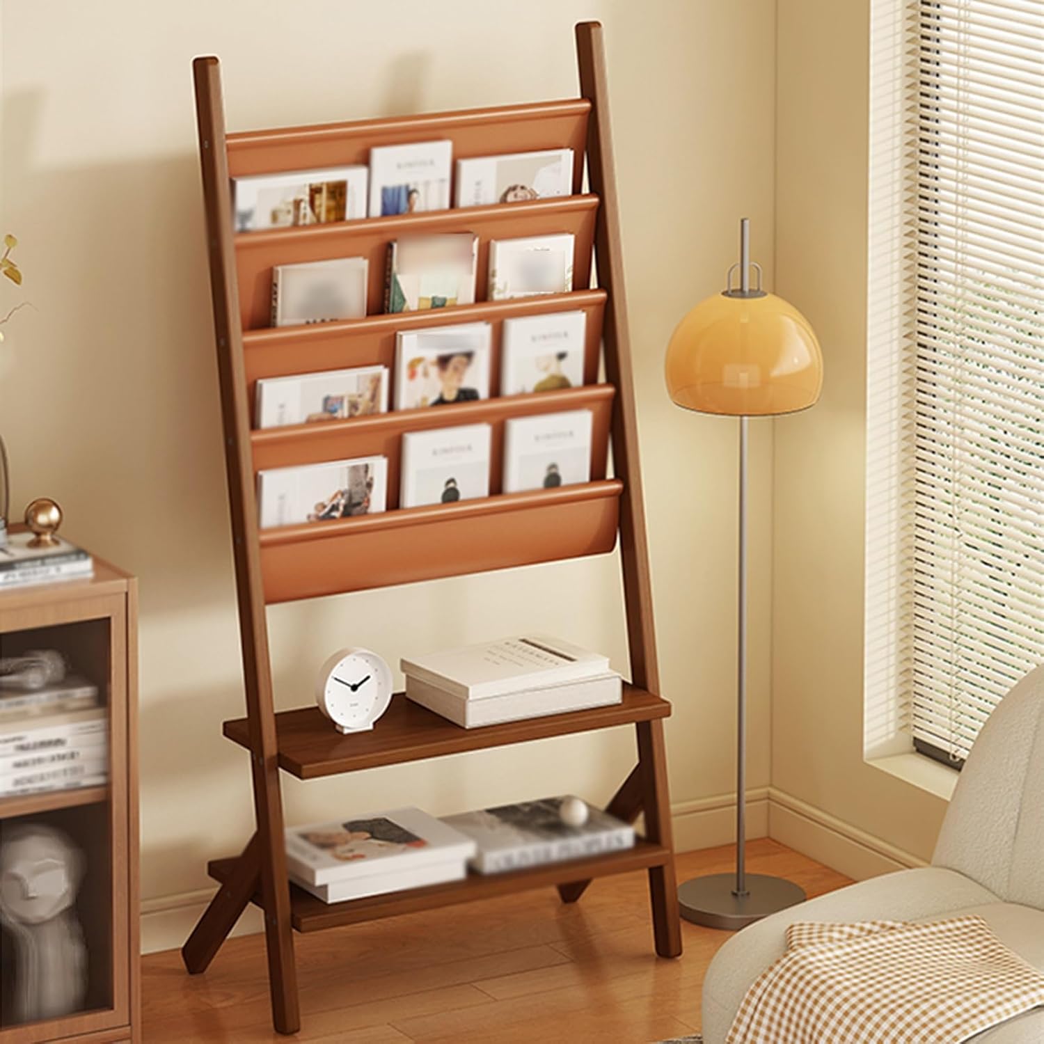 ファイルディスプレイラック、フロアマガジンラック、木製新聞ラック、省スペース、寝室、リビングルーム、学校、オフィス用(Color1,