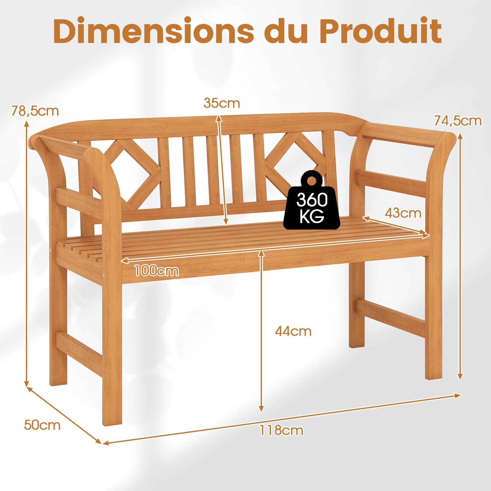 COSTWAY Banc de Jardin en Bois d'Acacia, Banc Exterieur Jardin à 2 Places, Dossier à Motif Géométrique, Accoudoirs, Banquette pour Balcon Porche Piscine, Charge 360 kg, 118 × 50 × 78,5 cm (Style 2)