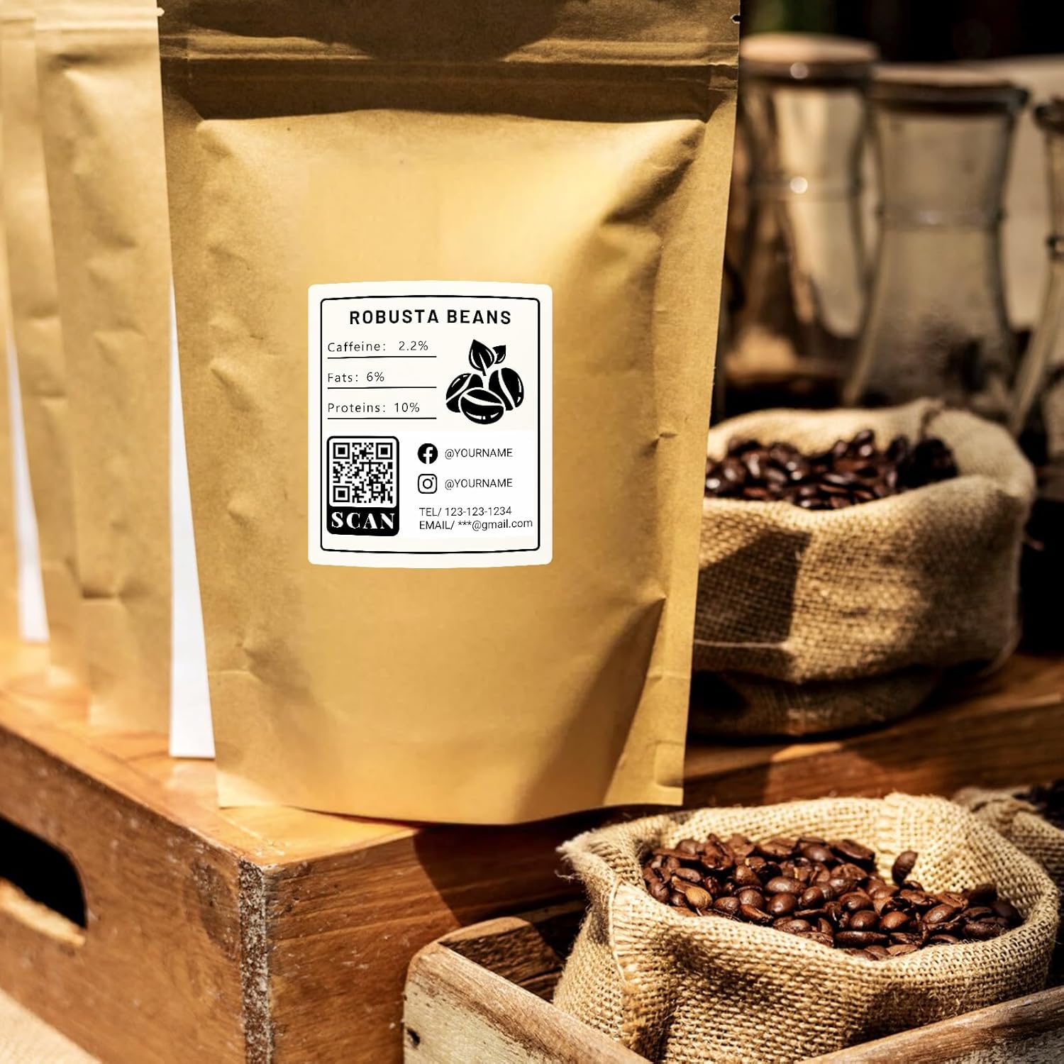 Coffee bean bag with a custom-printed label from Phomemo M260, including a QR code.