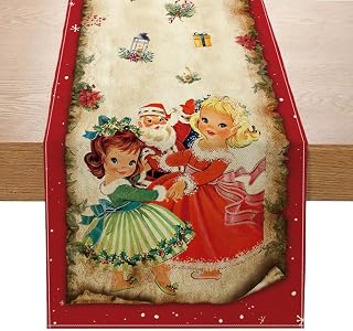 Racenaf Vintage Christmas Table Runner Christmas Decors-Red Vintage Style Santa Claus Girls Merry Christmas Winter Xmas Home Kitchen Dining Table Decor, Christmas Party Decors 13 x 72 Inch