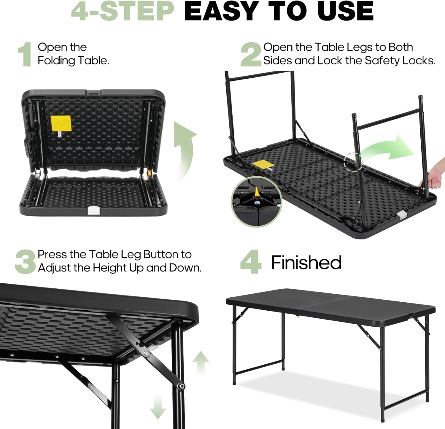 4ft Folding Table with Adjustable Height, 3-Level Foldable Table with HDPE Top & Steel Legs, Portable 4 Foot Folding Table for Picnic, Party, Craft, Indoor Outdoor Use, Black