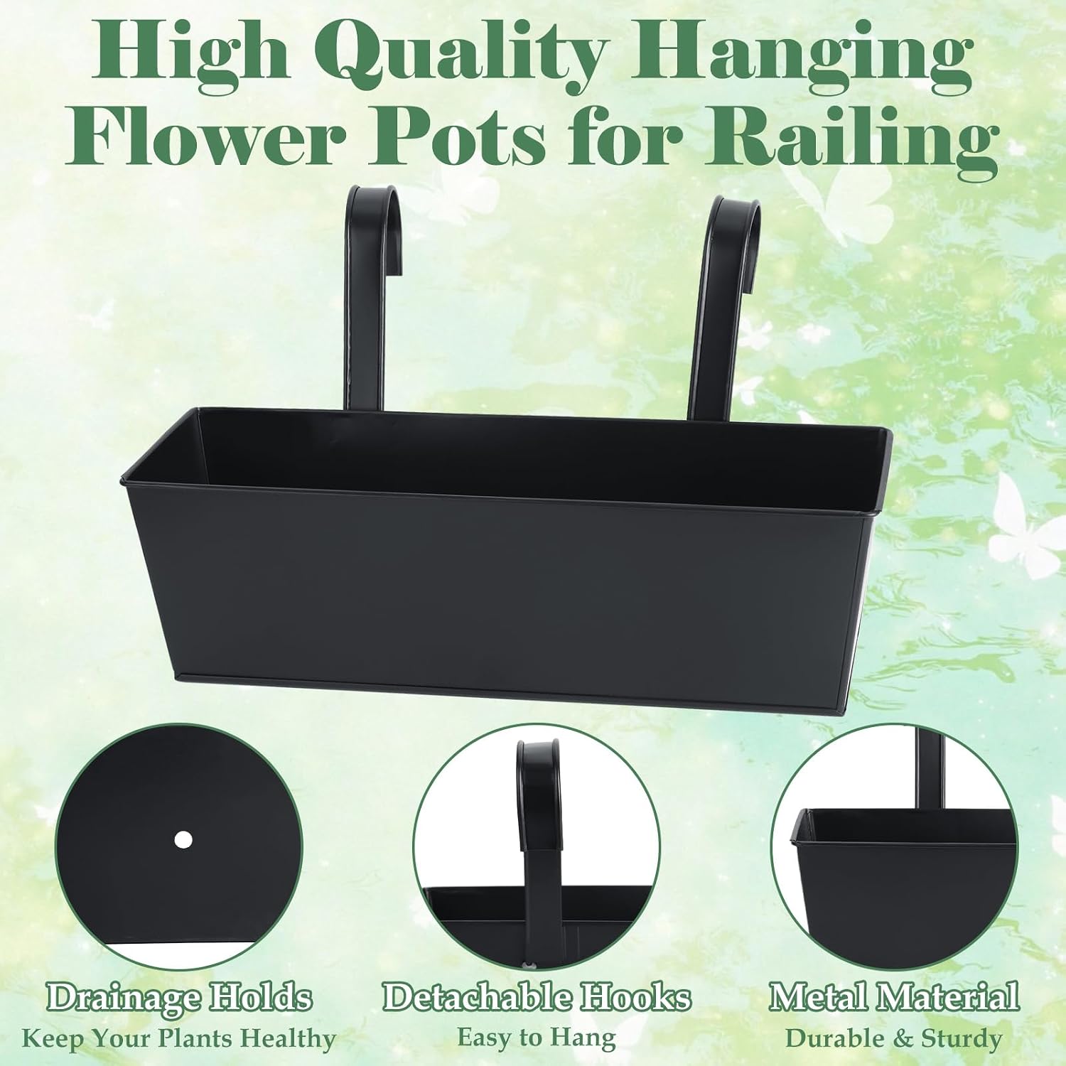 4 Pack Metal Railing Planter Box for Outdoor 16 Inch Hanging Flower Pots for Railing Fence, Deck Hanging Balcony Planters for Garden, Porch, Window (Black)