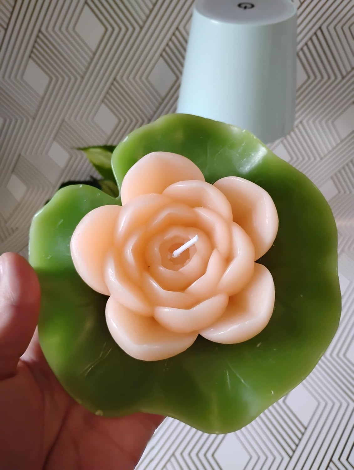 Floating Rose Candle with Lily Pad Base, Peach Color, Decorative Wax Flower