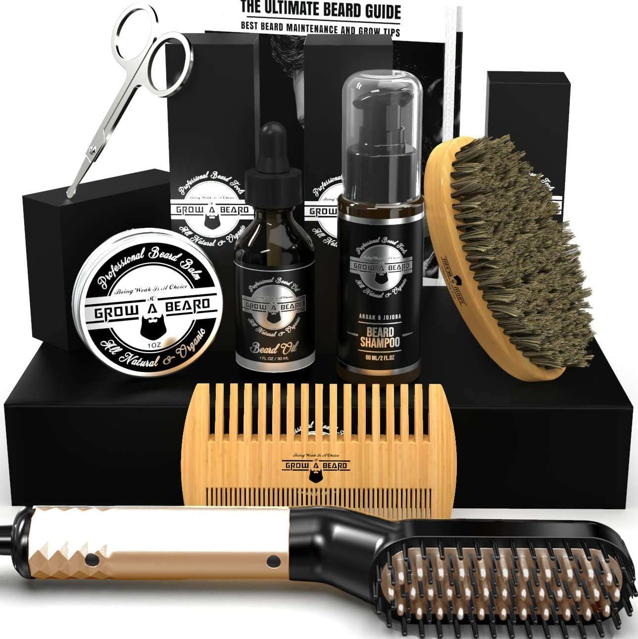 Beard Straightener Grooming Kit for Men, Beard Growth Kit, Beard Wash, Brush & Comb, Unscented Growth Oil, All Natural Citrus Balm, Conditioner, Razor & Scissors, Great Gift Idea for Men's
