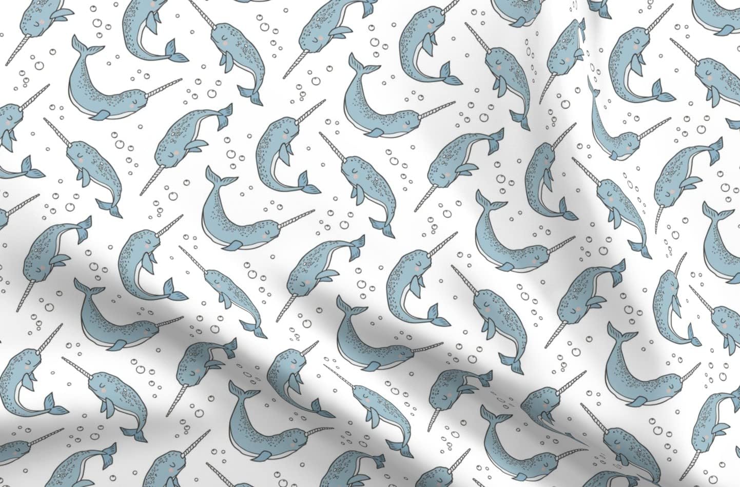 Spoonflower Fabric - Narwhal Blue White Narwhals Nautical Ocean Sea Whales Whale Bubbles Printed on Minky Fabric by The Yard - Sewing Baby Blankets Quilt Backing Plush
