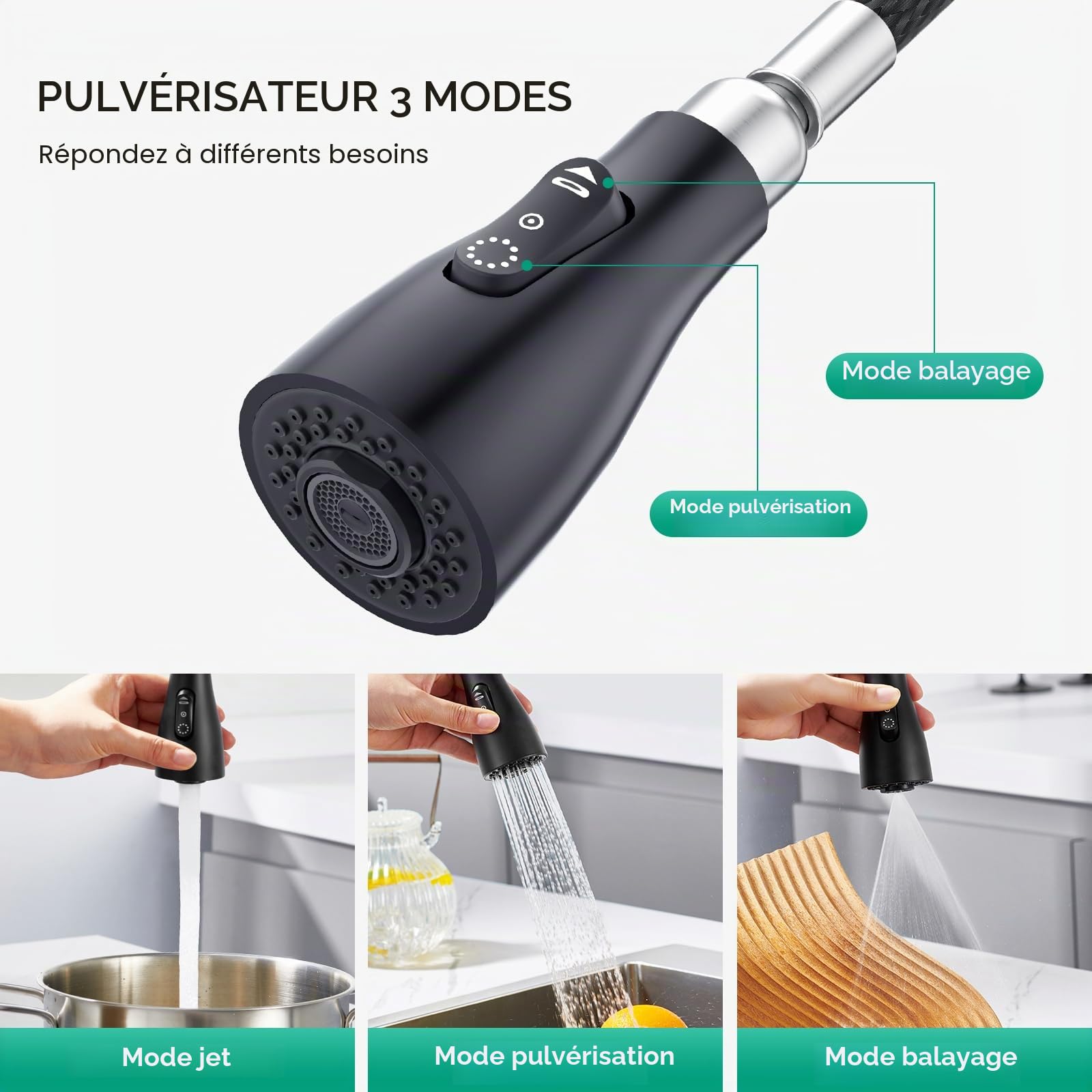 CREA Robinet de Cuisine, Robinet Cuisine avec Douchette Extensible, Robinet Cuisine Mitigeur avec 3 Modes de Jet, Robinet Évier Cuisine Rotatif à 360°, Noir Mat