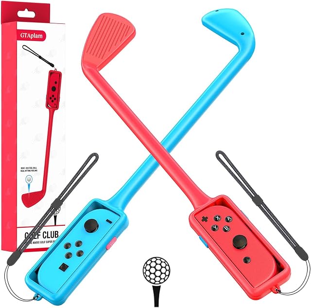 (2 Pack) GTAplam Golf Club Compatible with Nintendo Switch, Joy Con Controller Grip for Mario Golf, Golf Games Hand Grip Accessories for Super Rush - Red & Blue