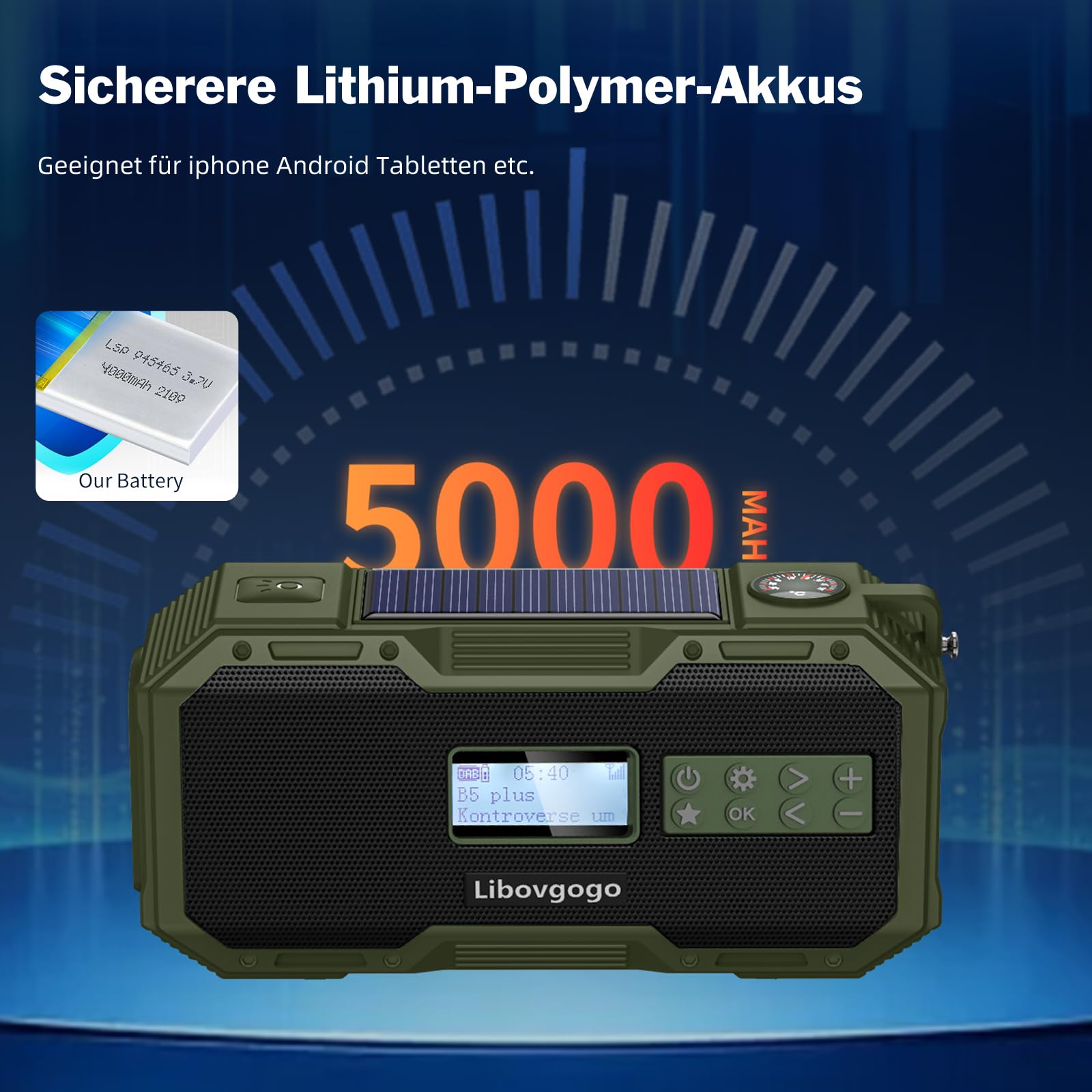Libovgogo DF-587D Radio portátil DAB+ FM con altavoz Bluetooth impermeable, radio de manivela con función de carga de teléfono solar, batería externa de 5000 mAh, linterna, luz estroboscópica, luz de