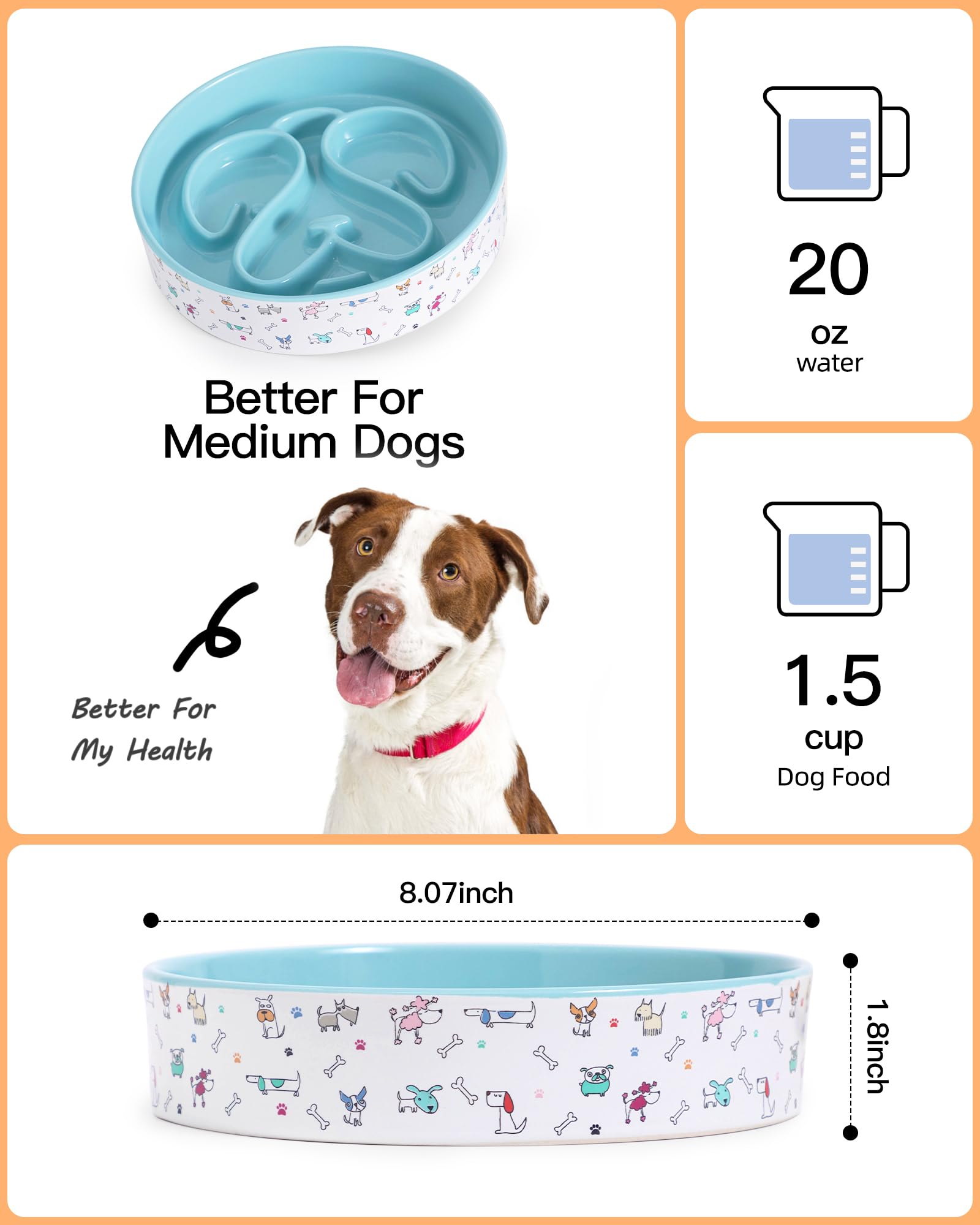 Cuenco de cerámica de alimentación lenta para perros, 1.5 tazas, cuenco de alimentación lenta para perros de razas pequeñas y medianas, cuenco de comida para perros para comedores rápidos,