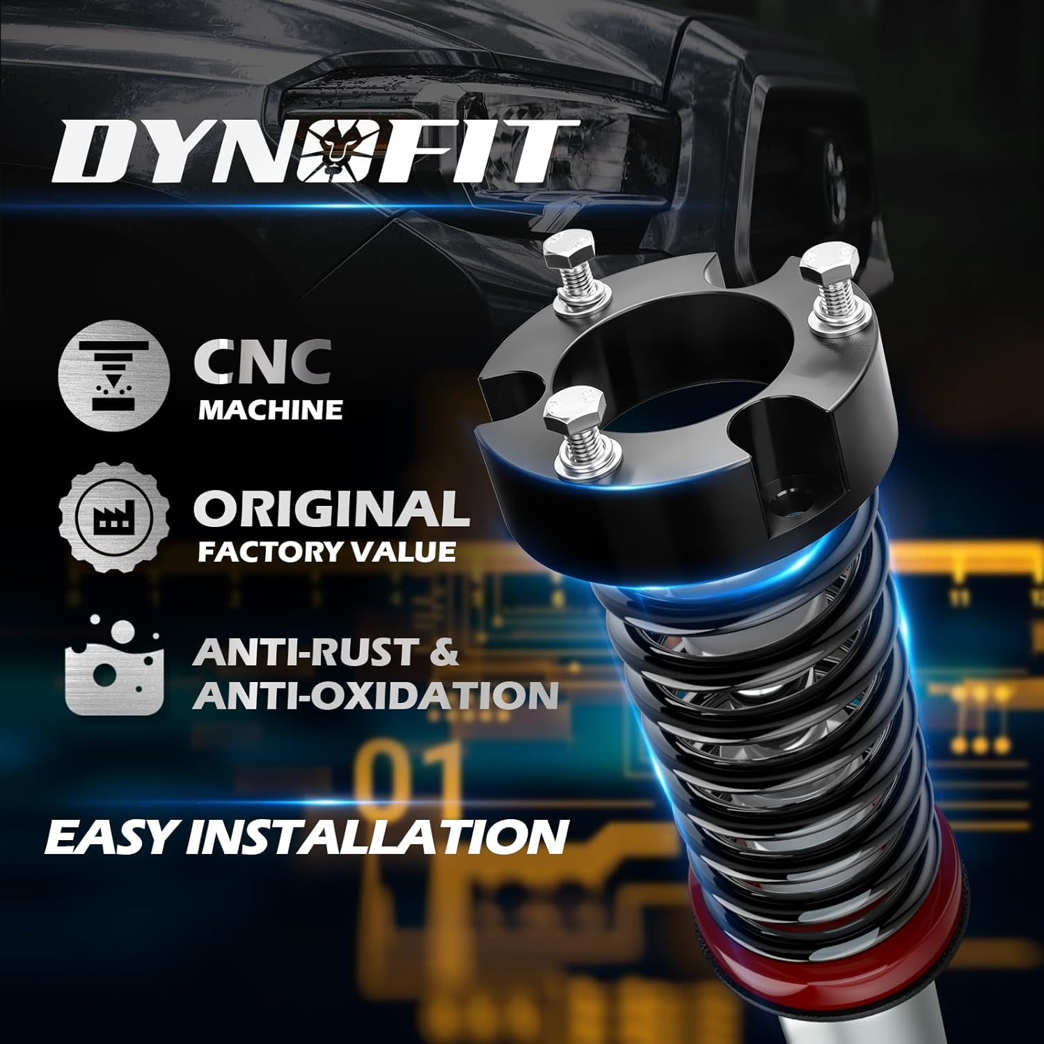 Dynofit 3 Inch Leveling Kit for 2005-2023 Tacoma (6-Lug), 2003-2024 4Runner, 2007-2015 FJ Cruiser, Set of 2-Piece Chassis Suspension Lift Strut Spacers for Toyota Pickup Level, Black