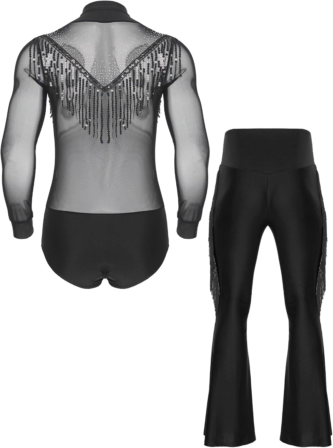 Shinsto Mens Ballroom Dance Outfit Deep V-Neck Sheer Mesh Long Sleeve Leotard Latin Ballet Tango Rumba Dancewear