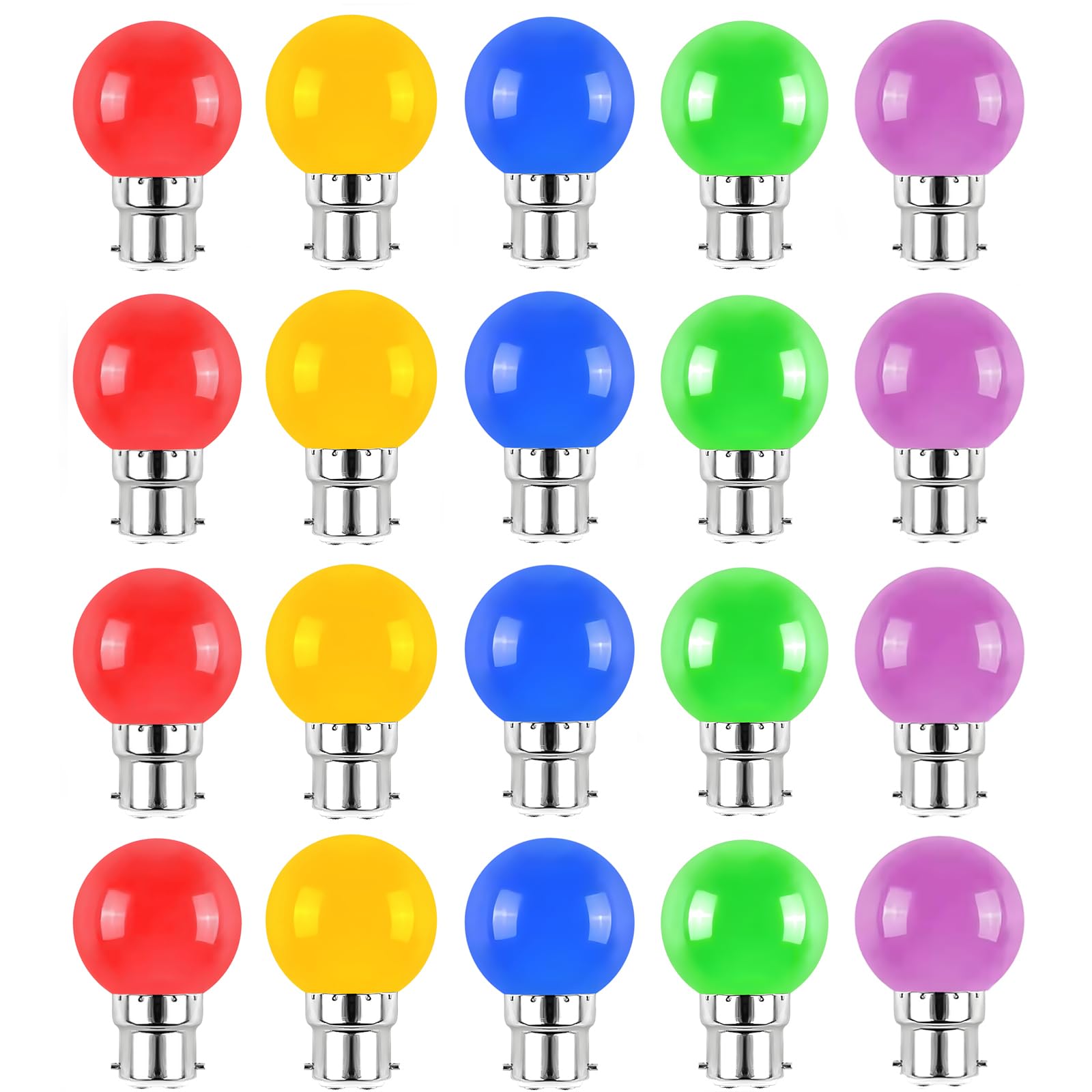 Jiotouhu 20 Pack Multi Color Light Bulb B22 Bayonet, Brightfour Decorative Festoon Bulb 2W, Small Golf Ball Bulb,red Yellow Blue Green Purple