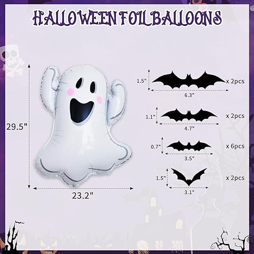 Miniatura 3 de JOGAMS 164 globos metálicos de Halloween morados y verdes con calcomanías de murciélago 3D, globos de fantasma para decoraciones de fiesta temática