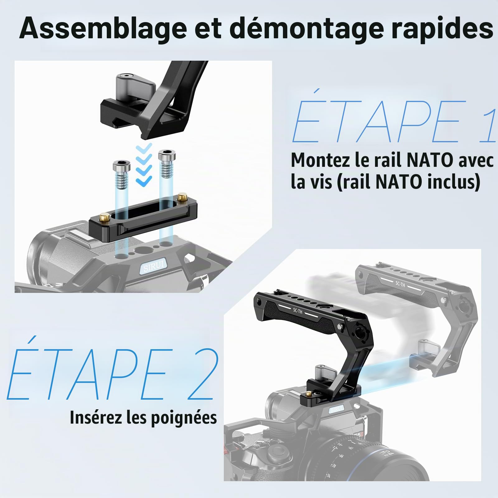 SIRUI Poignée Supérieure avec Rail OTAN - Poignée Légère en Silicone pour Cage d'Appareil Photo - Poignée Supérieure Universelle avec Chaussures Froides - Filetage 1/4" et Filetage Arri 3/8" - SC-TH