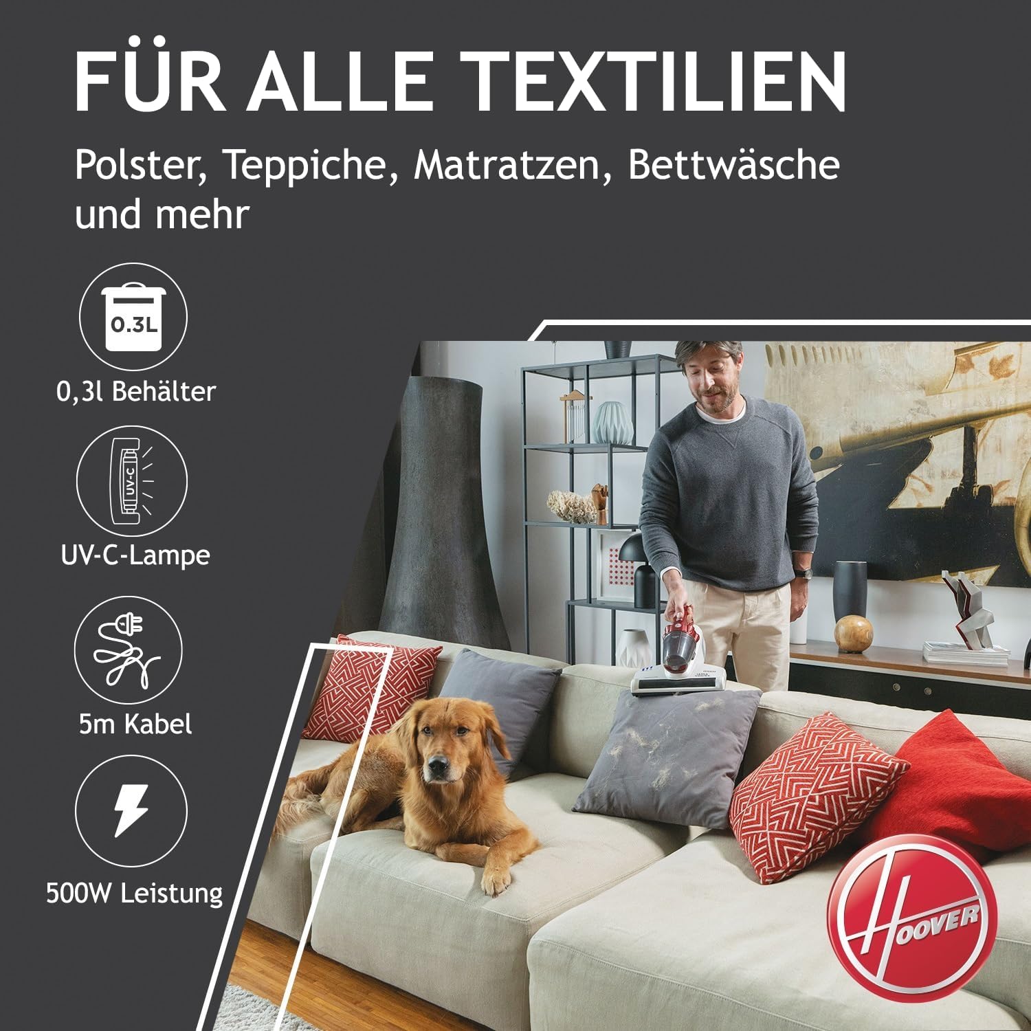 Hoover MBC500 Milbensauger mit UV-Licht, bekämpft Bettwanzen – 3in1 Matratzensauger entfernt 99,9% Bakterien, Allergene, Staub-Milben von Sofas, Polster – Matratzenreiniger für Allergiker