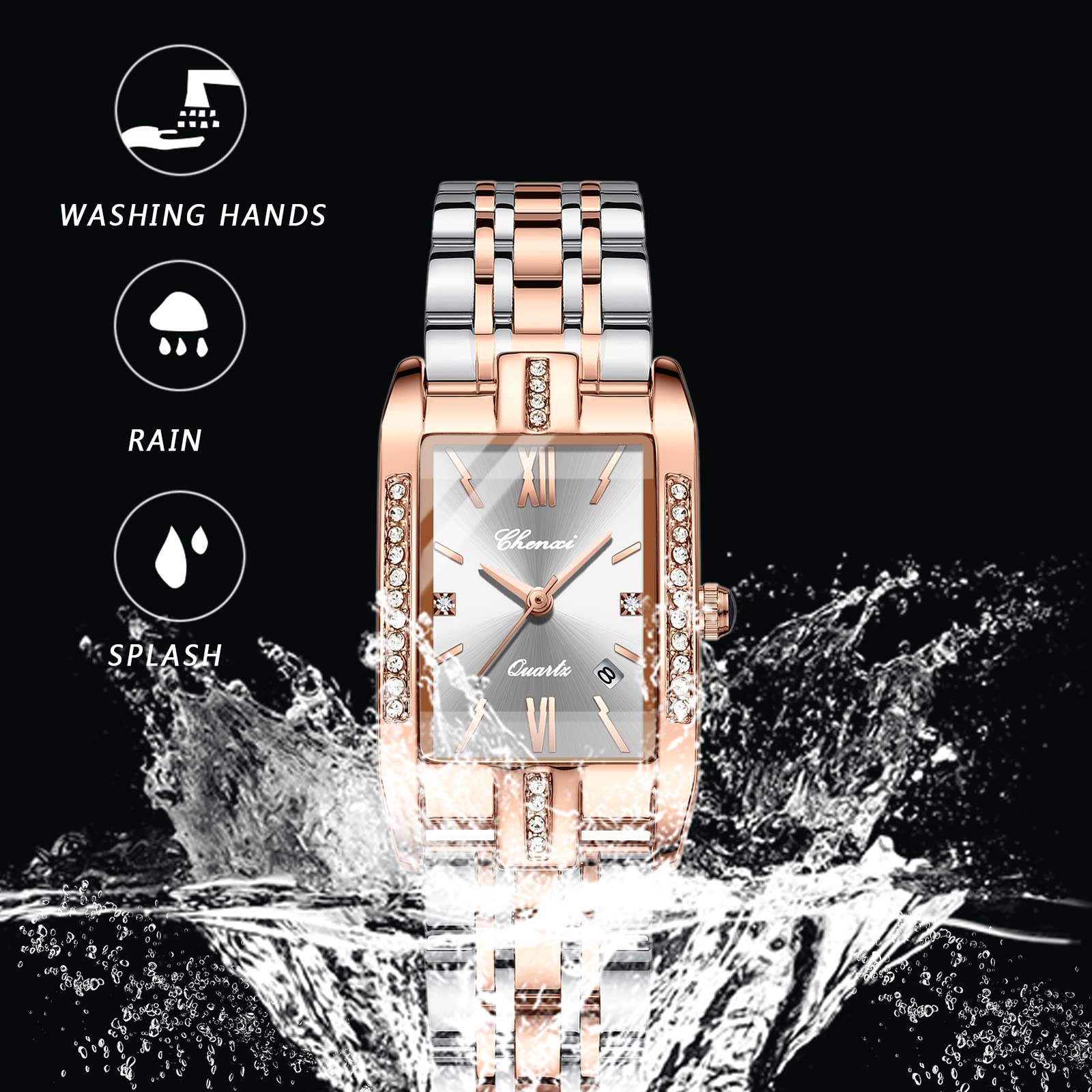 OIDEA Rechteckige Analoguhr für Damen: Quarzuhr mit Strasssteinen für Damen, Armband aus Edelstahl, abnehmbar, für Freizeit, Business, Geschenk