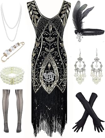 Women 1920s Plus V-Neck Sequin Art Deco Flapper Dress with 20s Gatsby Accessories Set