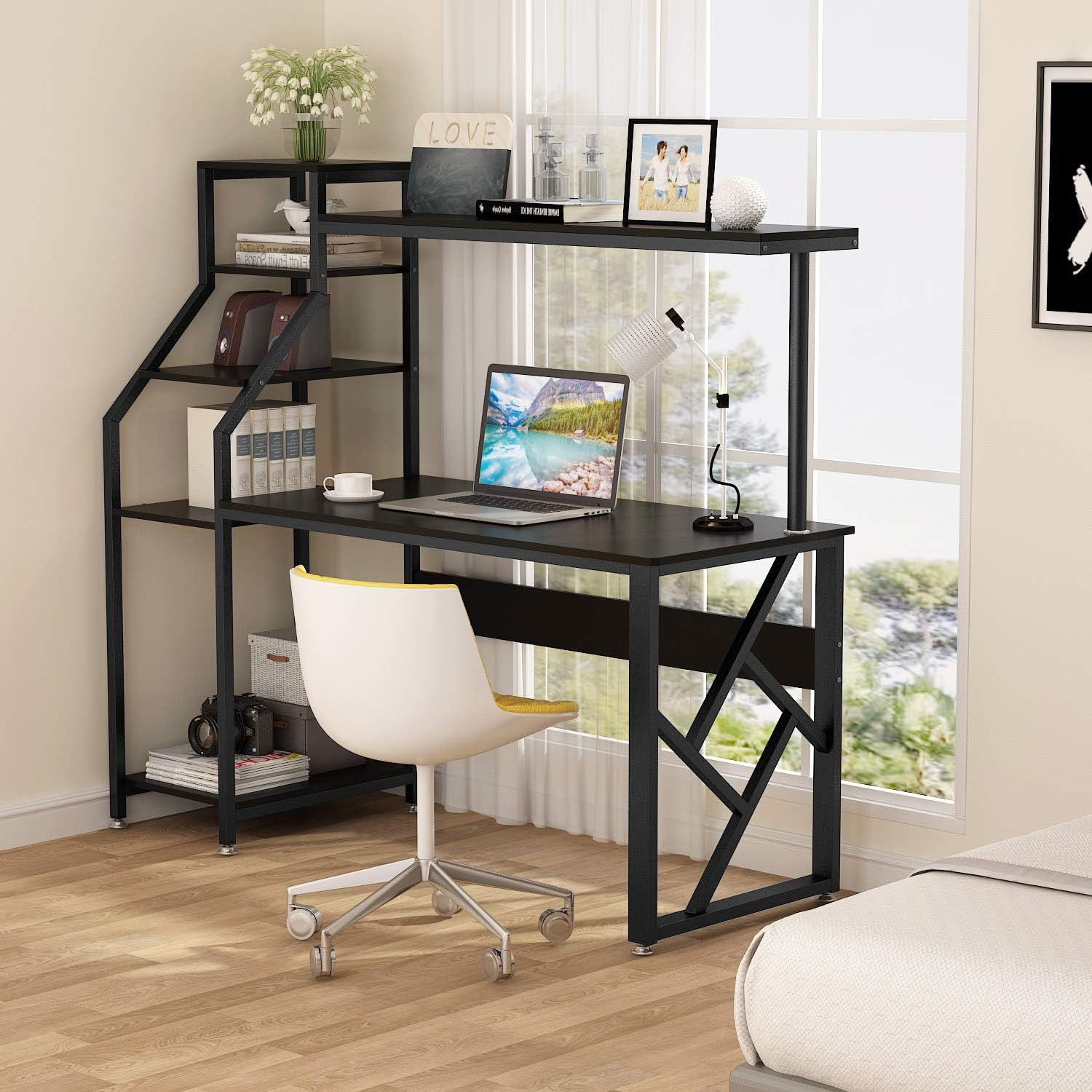 Tribesigns Computer Desk with 4-Tier Storage Shelves, 60 inch Large Modern Office Desk Computer Table Studying Writing Desk Workstation with Hutch, Bookshelf and Tower Storage for Home Office (Black)