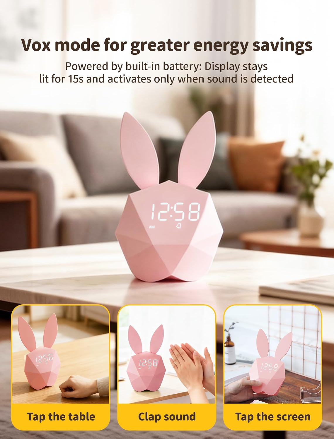 MASHI Bunny Kids Alarm Clock for Girls, Pink Alarm Clock with Night Light & Snooze, Sound Activated Digital Clock, 5 Ringtones & Adjustable Volume,Gift Ideas for Kids Girls Teens Room Decor (Pink)
