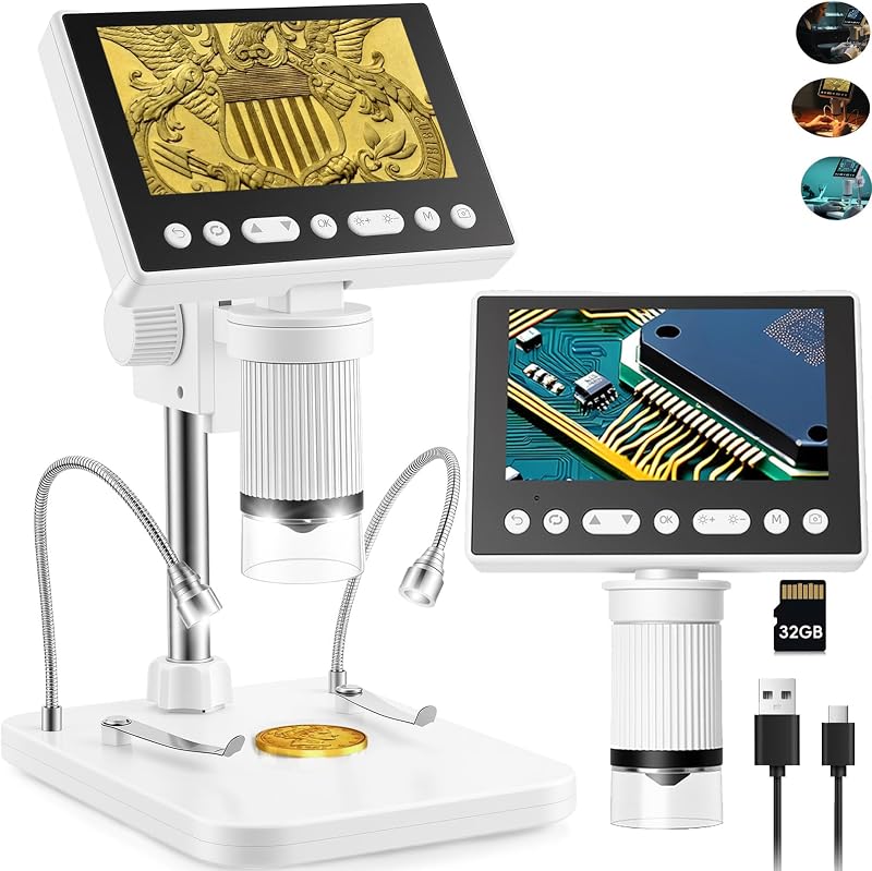 eSynic Microscopio digital de monedas HD 1080P, pantalla LCD de 4,5 pulgadas con aumento ajustable de 1000X, cámara de microscopio con lupa de monedas recargable USB-C con tarjeta de 32 GB y 10 luces LED, compatible con Windows/Mac