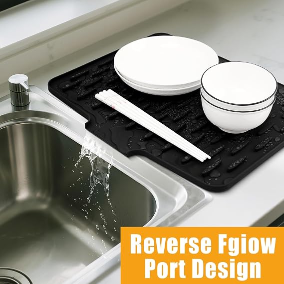 Silicone Draining Mat,Silicone Dish Drying Mat Non-Slip Sink Drainer Mat,No-Spill Mat & Heat Resistant Folding Draining Board Mat for Campervan Kitchen Counter,Sink (Black)