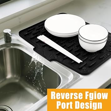 Silicone Draining Mat,Silicone Dish Drying Mat Non-Slip Sink Drainer Mat,No-Spill Mat & Heat Resistant Folding Draining Board Mat for Campervan Kitchen Counter,Sink (Black)