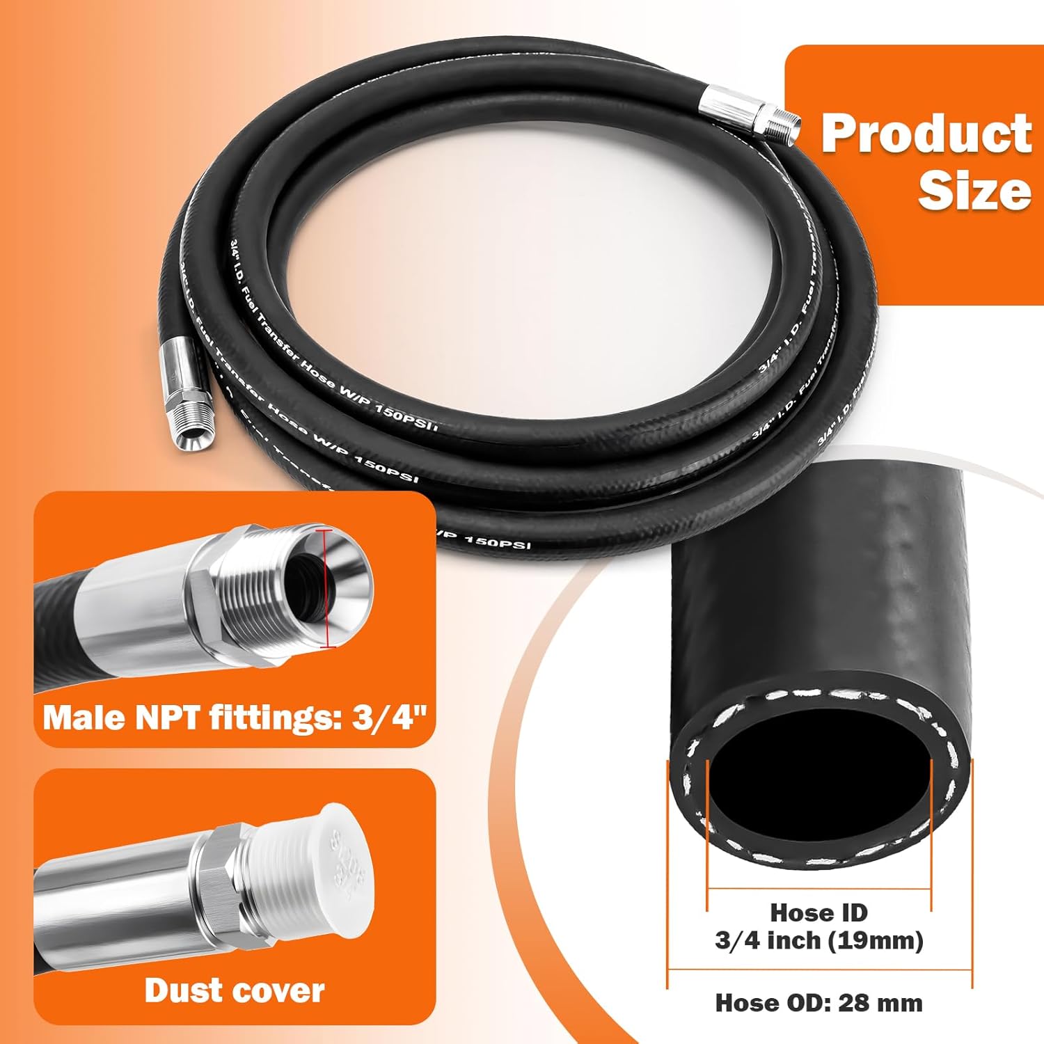Fuel Transfer Hose 3/4'' Gas Pump Hose 20FT for Gasoline, Dispensing Diesel, Biodiesel, Kerosene, Petroleum Oils