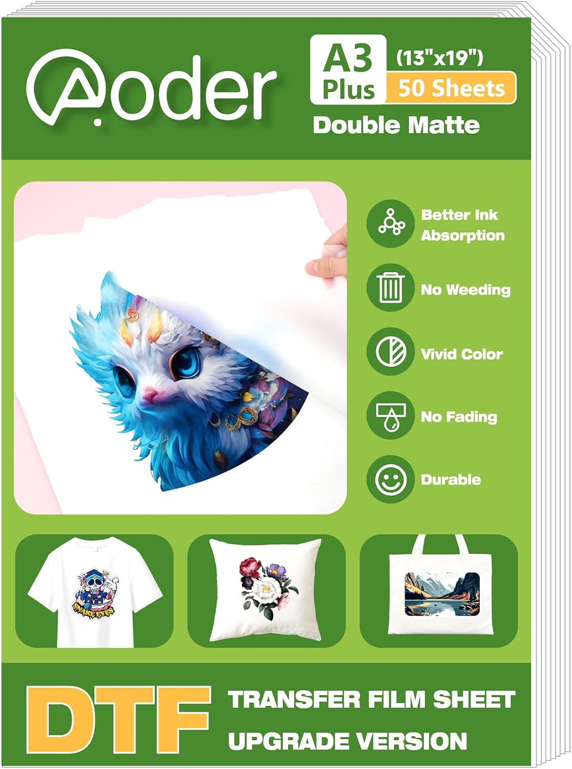 Aoder A3 Plus DTF Transfer Film - 13"x19", A3 Plus 50 Sheets Double Side Matte DTF Film, Clear PreTreat PET Transfer Paper for T-Shirts Textile, Cold Peel