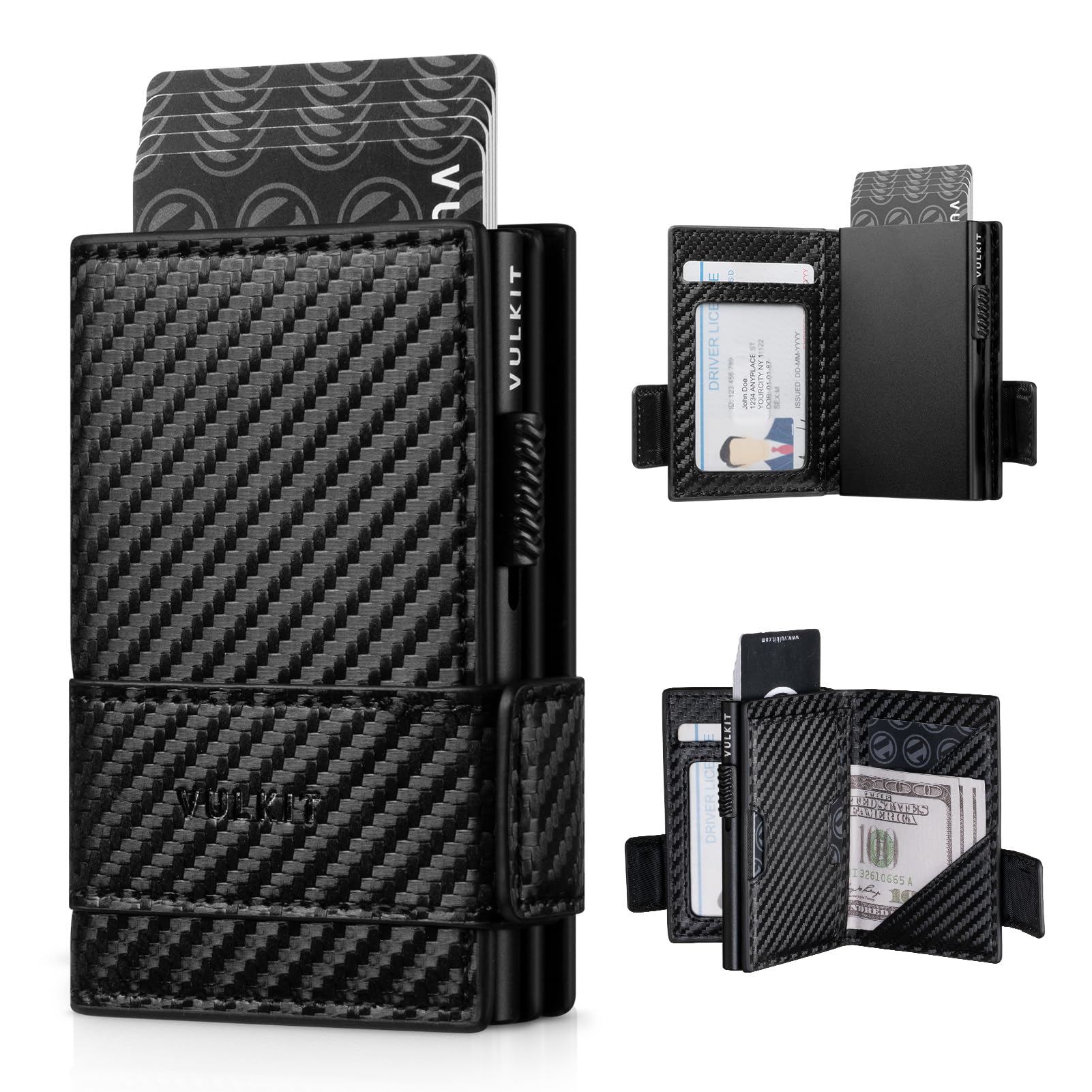 VULKIT Card Holder Bifold Pop Up Leather Wallet for Men RFID Blocking Metal Card Case, Holds 9 Cards and Banknotes Carbon Fiber Black