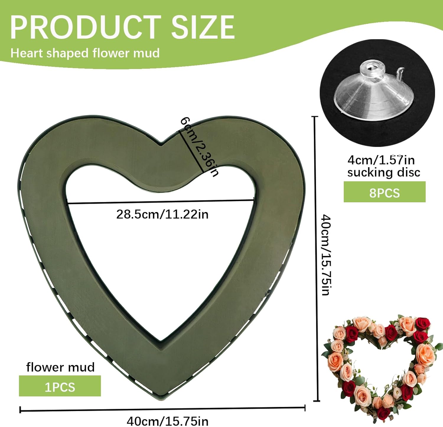 Heart-Shaped Floral Foam Sponge - Wet Dry Flower Arrangement Holder with Suction Cups for Wedding Cars, Party Decor, Bouquets and DIY Crafts (Green)