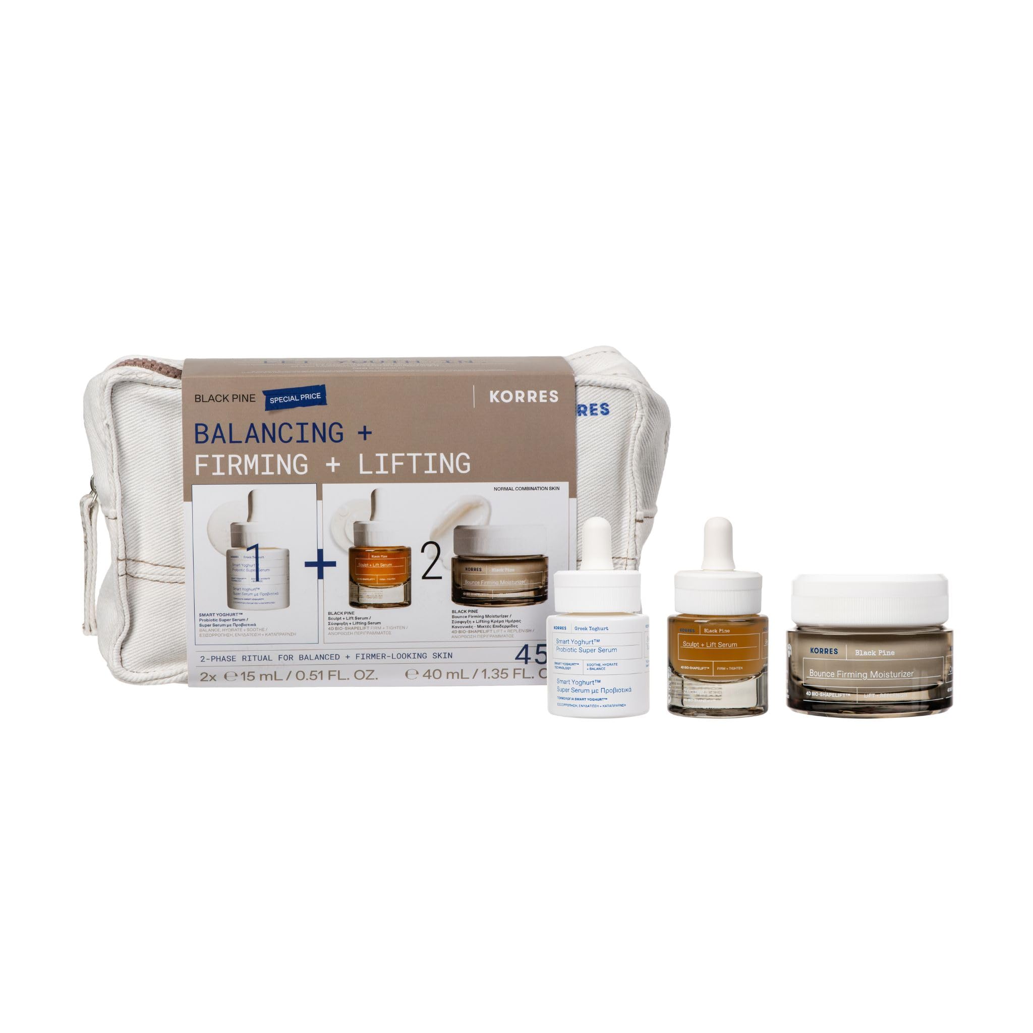 KORRES BLACK PINE Anti-Aging Pflege – Expert Trio Set, ab 45, Vorteilsset mit Creme 40ml, Serum 15ml & SMART YOGHURT™ Serum 15ml für straffere Haut, reduzierte Falten und ein glattes Hautbild