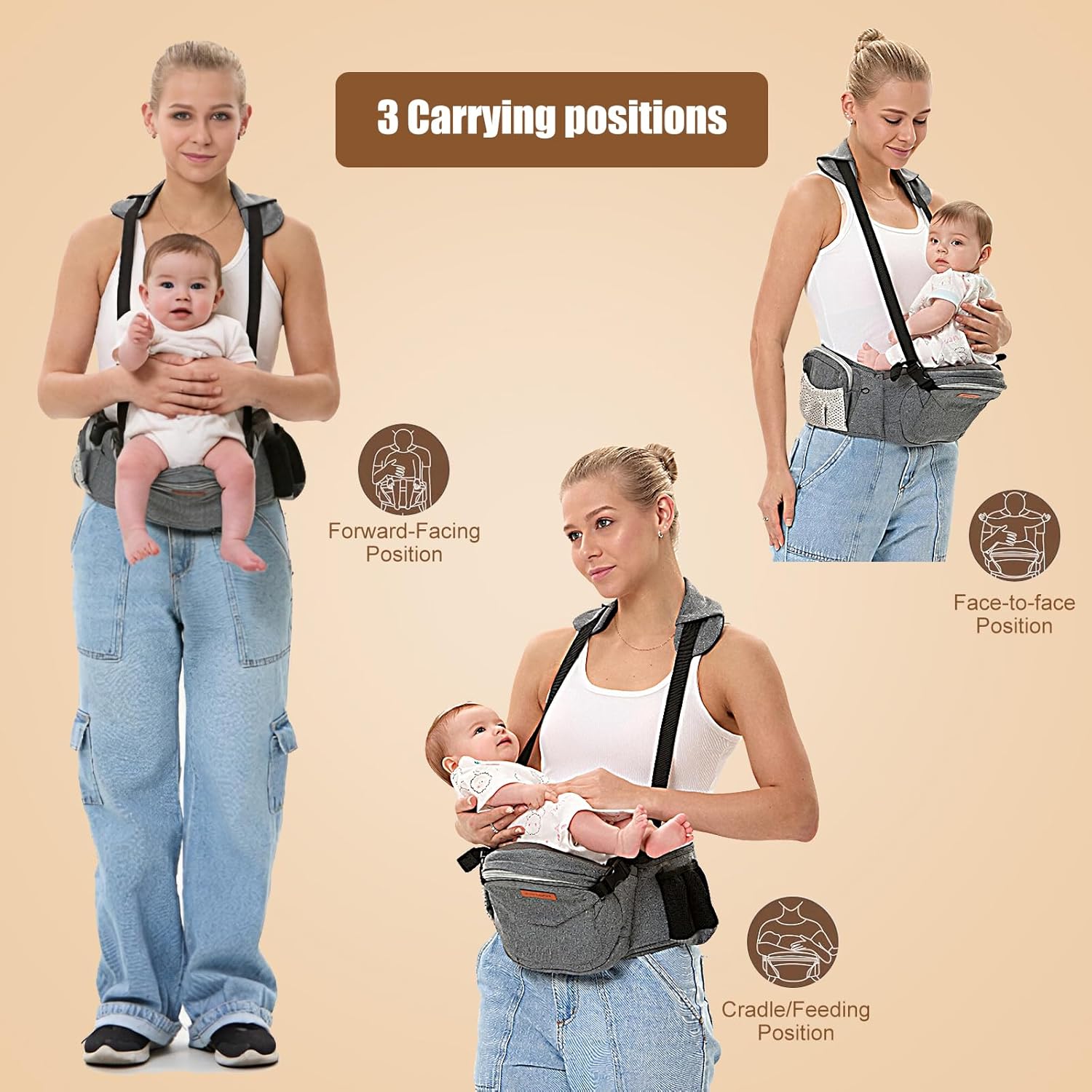 Baby Hip Carrier - Hip Carrier for Baby with Baby Safety Strap - Toddler Carrier 7-45 lbs - Ergonomic Infant Holder Baby Carrier with Hip Seat Large Capacity Pockets (Gray)