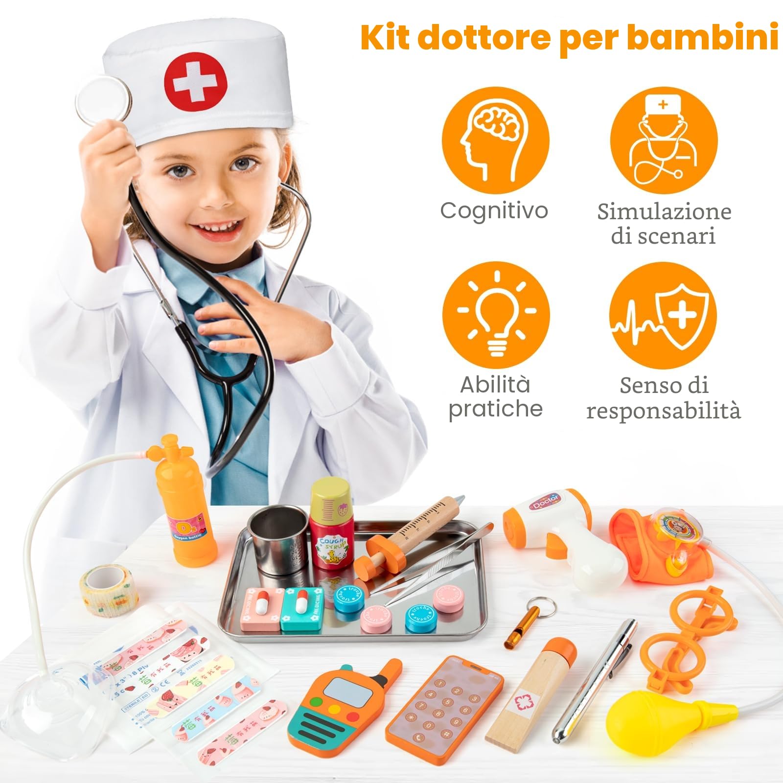 EFO SHM Kit Dottoressa Bambina, Valigetta Dottore Bambini, Con Camice da Medico, Cappello da Medico e Un Vero Stetoscopio, Giochi Educativi 3 Anni, Giochi Bambini Bambina 3 4 5 6 Anni