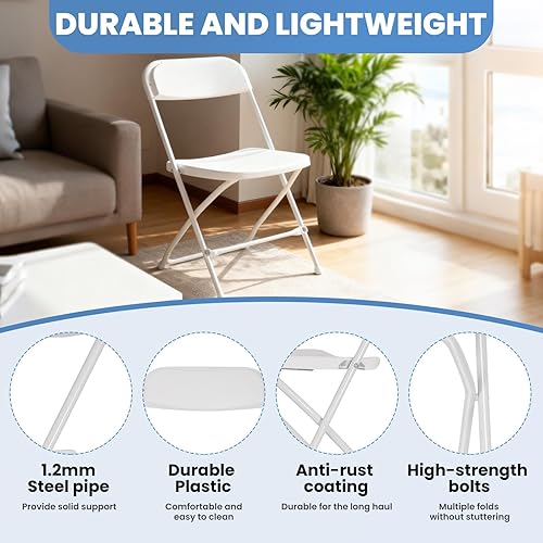 Miniatura 4 de 10 Pack White Folding Chairs with 350 lbs Capacity, Durable Metal Frame & Thick Plastic Seat, Versatile Foldable Chairs for Office, Patio, Party,