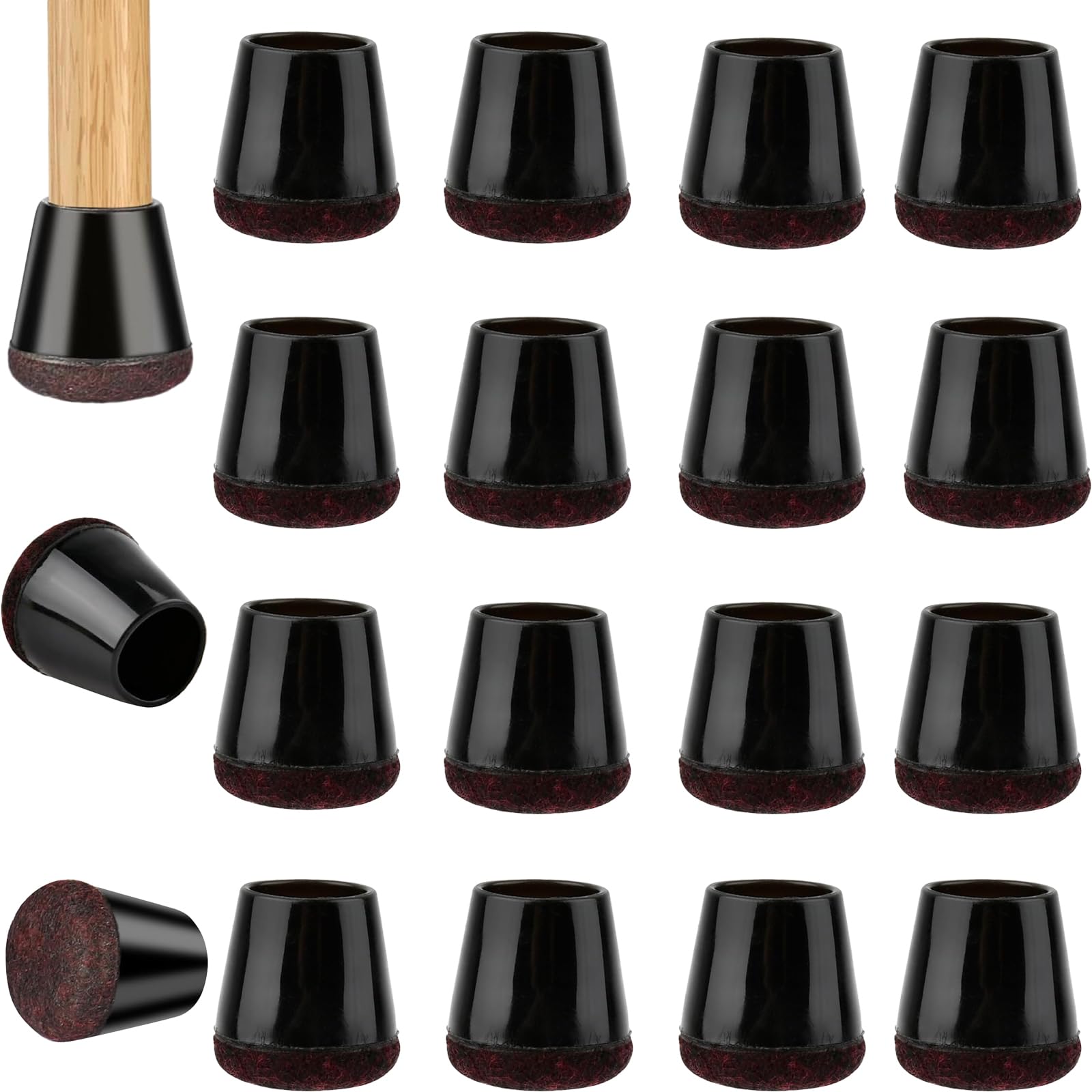 Gudemoore Black 16Pcs Silicone Chair Leg Floor Protectors With Felt Pads, Anti-Noise Chair Leg Protectors, Chair Leg Pads, No Scratches, Floor Protectors For Furniture Legs (Fit:15-21Mm)