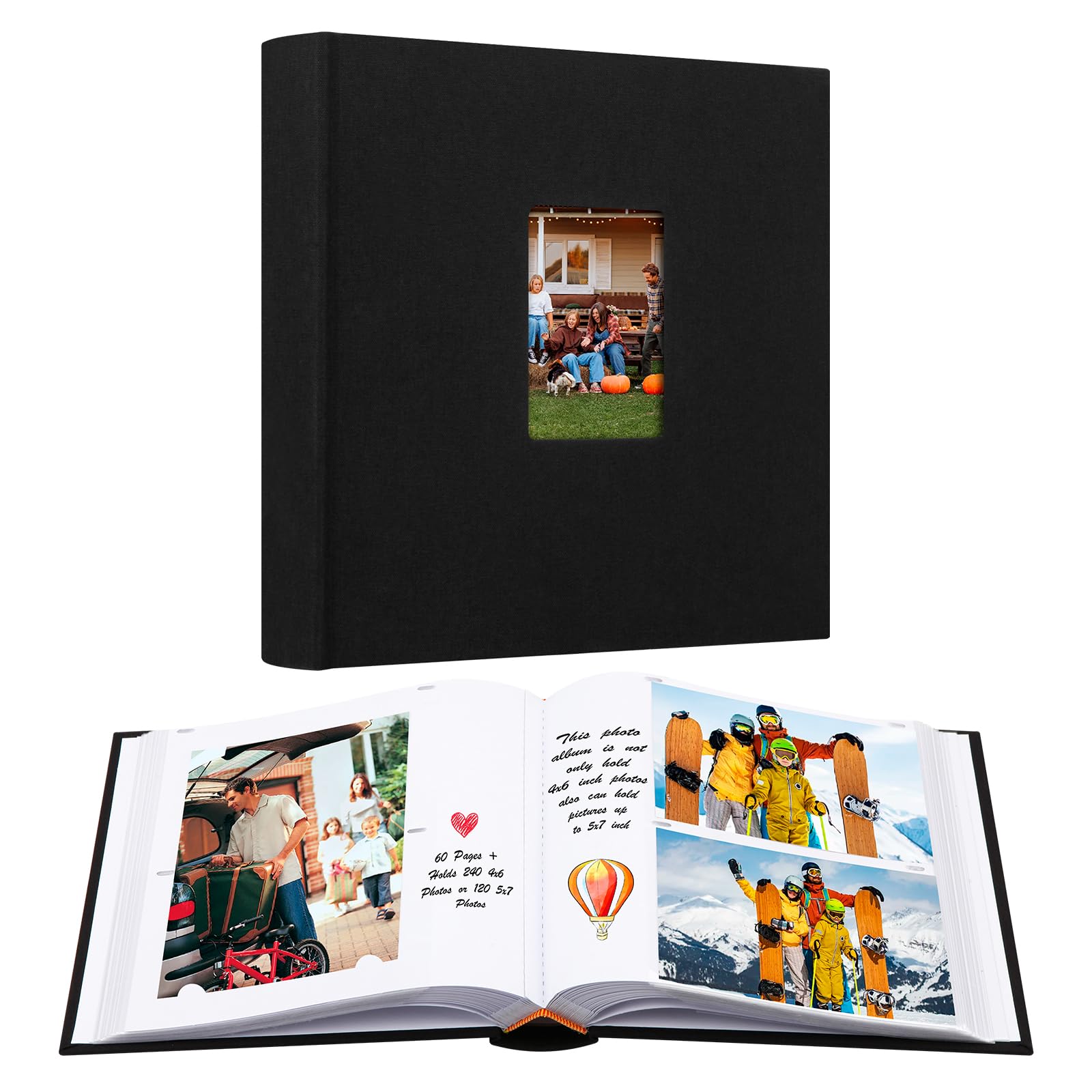 Aevdor 4x6 Photo Album with Writing Space Holds 240 4x6 Photos or 120 5x7 Photos, Linen Cover Acid Free Pages 4x6 Photo Book, Photo Album 4x6 5x7 with Memo for Family Wedding Baby Kid Pictures, Black