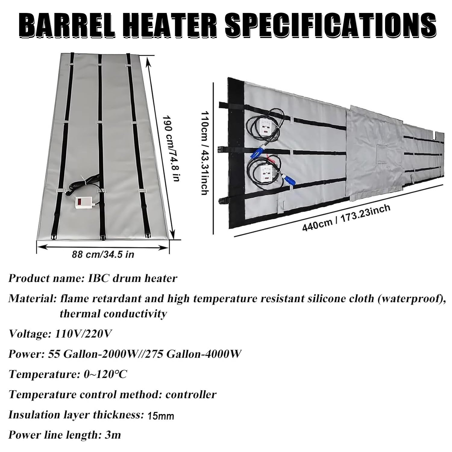 Manta Calefactora IBC 2000W/4000W para Tambores - Calentador de Aceite con Termostato Independiente 0-150℃ - Cubierta Térmica Impermeable para Barriles 55/275 Galones y Tanques Black-275Gal/1000L
