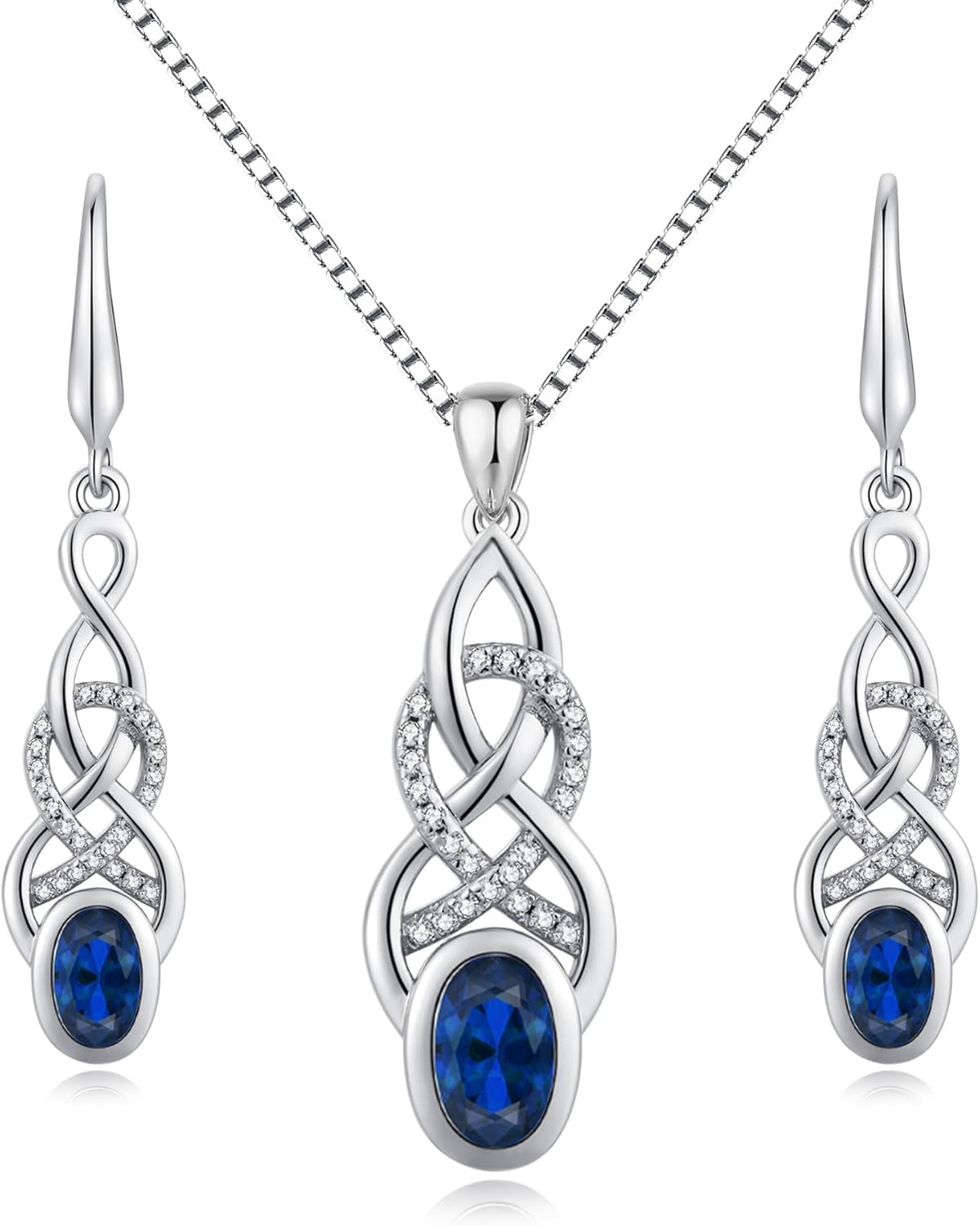 Womens Infinity Necklace and Earrings, Sterling Silver Infinity Celtic Jewelry Set with Created Emerald Good Luck Irish Celtic Knot Jewellery