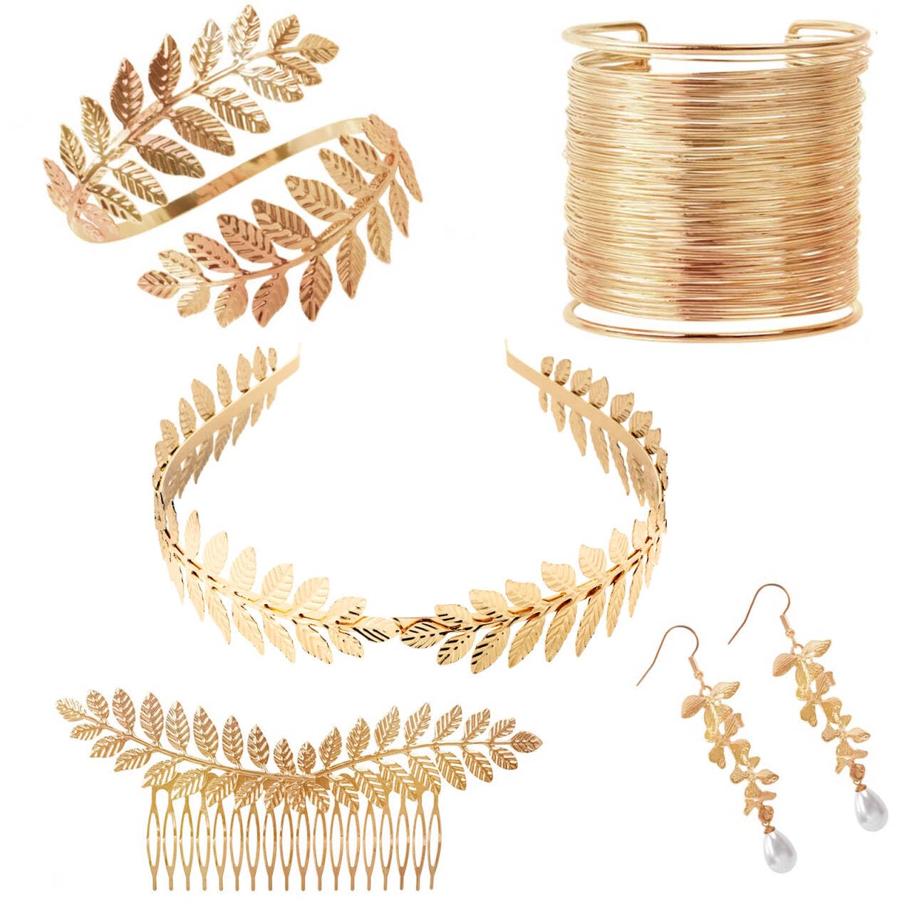 FUKPO Diosa Griega Accesorios, Diadema Griega Mujer Niña Brazalete Dorado Brazo, Corona Laurel Romana Diadema Dorada Hojas Pendientes Fiesta Boda Disfraz Bandeau Cheveux Diademe