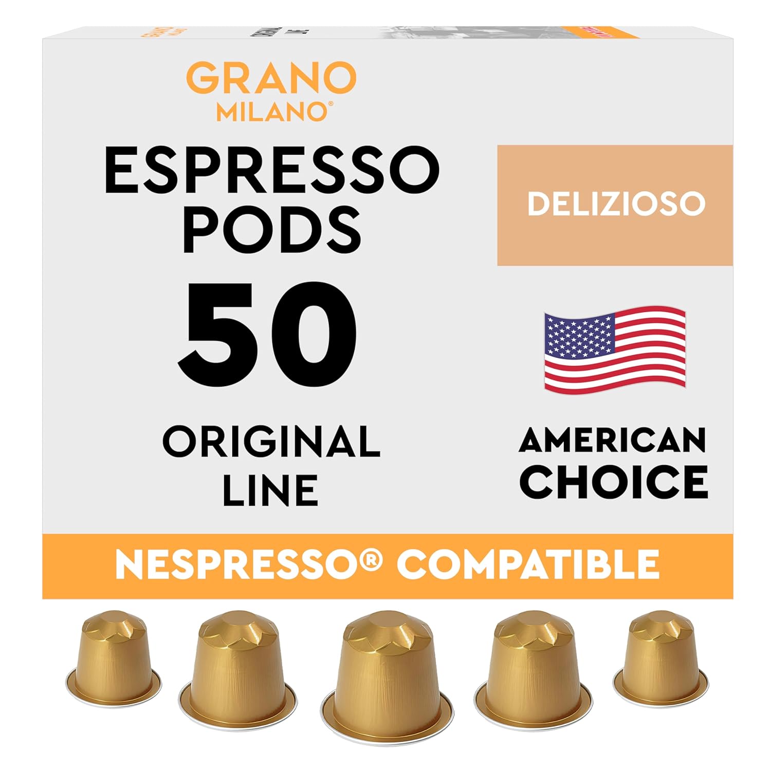 Grano Milano Delizioso Coffee Capsules - 50 Aluminum Coffee Pods Compatible with Nespresso Original line,100% Arabica Medium Roast - Intensity 6/12, Made in Italy