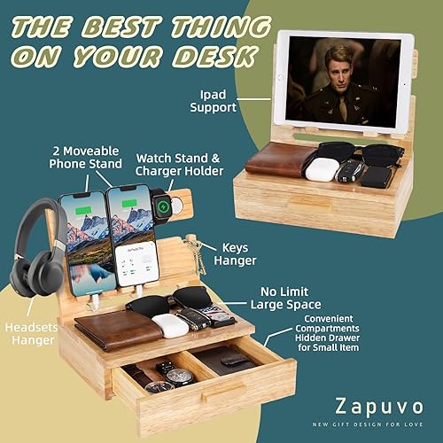 Miniatura 2 de Regalos para marido, aniversario de cumpleaños, de parte de la esposa, estación de acoplamiento de madera para teléfono con cajón, organizador de