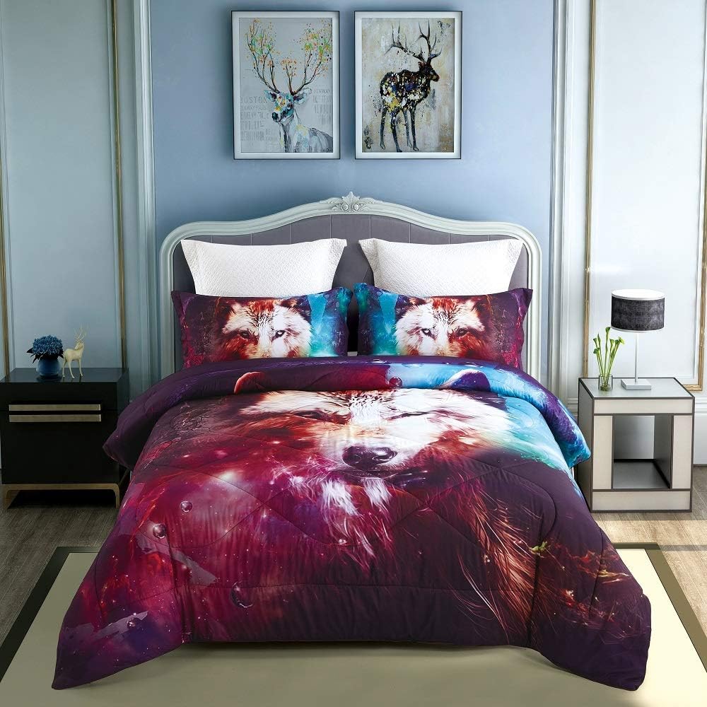 KINBEDY 3D Tencel Cotton 3PC Colorful Wolf Print Comforter Sets Queen Size Comforter Bedding Sets 1 Comforter with 2 Pillowcases.