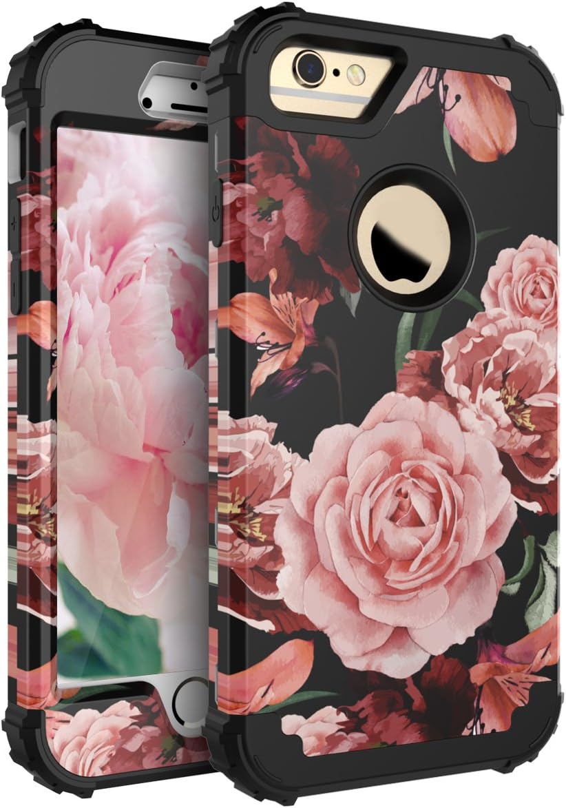 RabeMall Case iPhone 6S Plus,Case iPhone 6 Plus Pretty Flowers Girls/Women Anti-Fingerprint Scratch-Resistant Three Layer High Impact Resistant Hybrid Protective Cover,Floral Black
