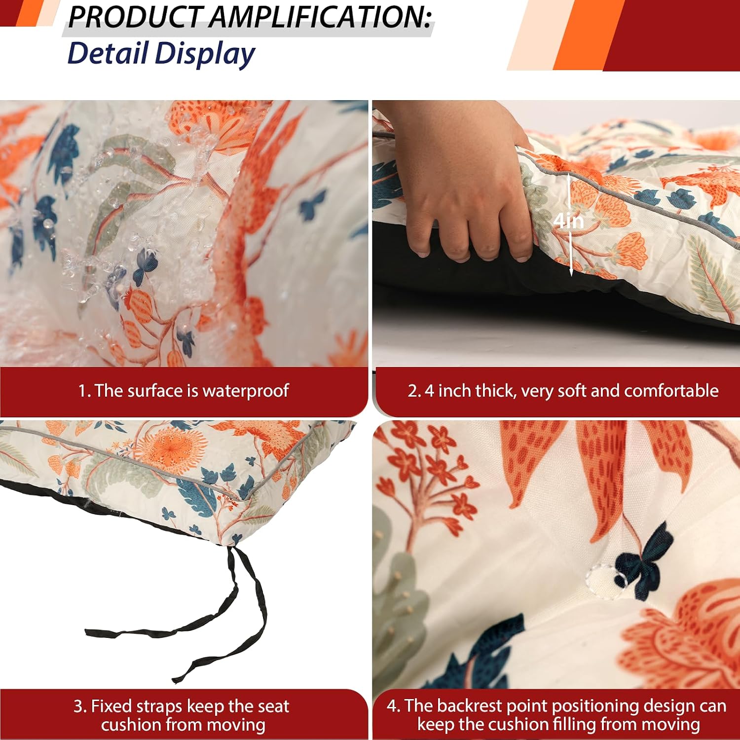 Outdoor Swing Cushions, Waterproof Porch Swing Cushions 3 Seater Replacement with Backrest, 4" Thicken Bench Cushion with Ties for Backyard, Patio, Lawn and Garden (Orange Floral‌, 70 inch)